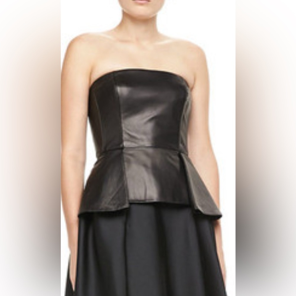 CARMEN MARC VALVO  Black Leather Peplum Bustier Size 6